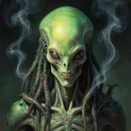 close up sci - fi cosmic horror art simon stalenhag alien dreadlocks, sunlit smoke green weed skin, elegant, highly detailed, centered, digital painting, concept art, smooth, sharp focus, illustration, artgerm, tomasz alen kopera, peter mohrbacher, donato giancola, joseph christian leyendecker, wlop, frank frazetta