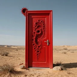 huge detailed fractal red door standing in wasteland in style of zdzisław beksinski