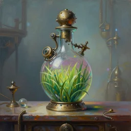 a painting of a complex steampunk mechanical grass colored potion bottle centered on a counter, by h. r. giger, hyperrealistic fantasy art, concept matte, ethereal, dreamy, digital art, trending on artstation, volumetric cinematic lighting