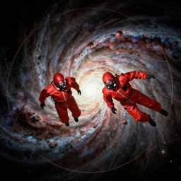 two scientists wearing red hazmat suits freefalling into geometric nebula portal by frank frazetta