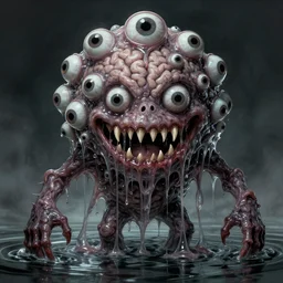 a creepy monster blob with many eyes, scary smiling mouth with strings of salive, sharp teeth, skin texture like a brain, slimy, standing in water, horror art, intricate, extremely detailed, sharp, illustration by Anton Grogolovich