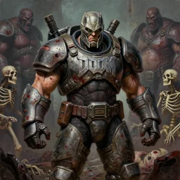 portrait of a doomguy from doom, in his battle armor. he's a bodybuilder. visible biceps. gritty cyberpunk, messy blood. skeletons, corpses, monsters, bloated warhammer creatures. combat armor, exoskeleton. game cinematic still. digital illustration by frank frazetta. oil painting, highly detailed, centered, artgerm