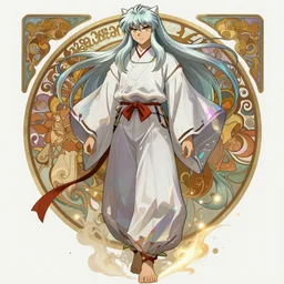 digital concept art by nixeu and alphonse mucha, portrait of an androgynous man in a kimono, inuyasha, iridescent, long hair, cinematic lighting, intricate, elegant, hyper detailed, character concept, full body, dynamic pose, glowing dust, highly detailed, digital painting, artstation, smooth, sharp focus, illustration.
