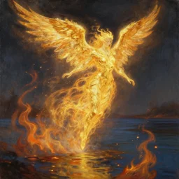 firey archangel made of gold flying above a lake of fire, sparkling embers, painting by alex grey