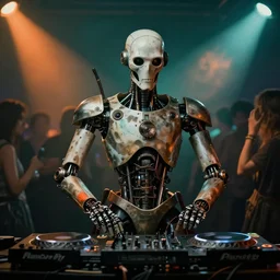portrait of a medieval cyborg dj party at a rave, by hans bellmer, by caravaggio, teal orange, studio light, cinematic light