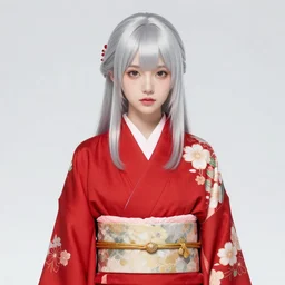 girl, silver hair, red kimono with flower patterns, trending on artstation, detailed, looking to camera, full body shot, ilustration by (Takehiko Inoue and) Yoann Lossel