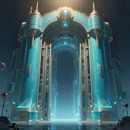 octane render, smooth, aqua blue, huge ， highly detailed, artstation, steampunk gate to another dimension ， night, warm top light ， concept art by raphael lacoste ， artgerm and john berkey, dream, symmetric!! vanishing point,, surreal, sharp focus, epic, illustration, digital painting, artstation, smooth