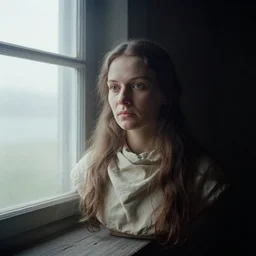 portrait bust of woman, solemn expression, color film, russian cinema, tarkovsky, kodachrome, old cabin, window light, long brown hair, cloth, heavy fog, hudson river school, 4 k, dramatic lighting