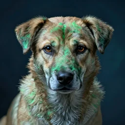 homeless abandoned stray dog with very sad smart eyes, in the style of roger fenton, solarpunk, exact anatomy, atmospheric, clean, intricate and epic composition, green by caravaggio, insanely quality, highly detailed, masterpiece, blue light, artstation, 4 k