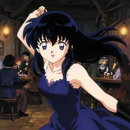 anime visual, portrait of a young female in a busy fantasy medieval tavern interior at night, cute face by yoh yoshinari, murata range, last exile, blue submarine no 6, dynamic pose, dynamic perspective, detailed silhouette, seven deadly sins anime, anime cels, 1 9 9 0 s, flat lighting, rounded eyes