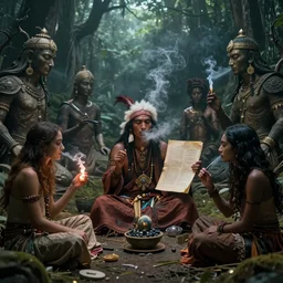 magical shaman smoking DMT and meeting interdimensonal beings who share with him the akashic records hyperdetailed 4k very intriguing and mystical surrealism