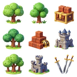 Nine separated HD, 8k, antialized, props containing trees, houses, box, treasures, bricks, castle, swords, and magic weapons from a game asset concept by Jen Zee, Rossdraws, James Jean, Andrei Riabovitchev, 2d side scrolling game , and Sakimichan, trending on artstation , assets