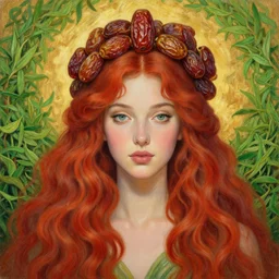 epic painting, full figure portrait of beautiful goddess with with sweet dried dates fruits, medjool dates, dried dates crown,, green tea leaves background, golden glow background, drawing, photography by amy leibowitz, wlop, jeremy lipkin, beeple, intricate, 4 k, red wavy hair, symmetrical front portrait
