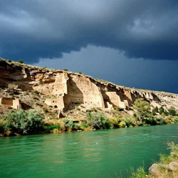photo of green river, wyoming adobe cliff dwellings during thunderstorm. the foreground and river are brightly lit by sun, and the background clouds are dark and foreboding. kodak portra 4 0 0,