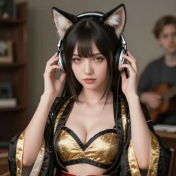 tifa lockhart portrait, pale black and gold silk robe and decollete bra, wearing cat ears, listening to music, art by artgerm, wlop, loish, ilya kuvshinov, 8 k realistic, hyperdetailed, beautiful lighting, detailed background, depth of field, symmetrical face, frostbite 3 engine, cryengine,