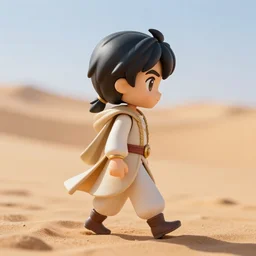 profile view of young aladdin as nendoroid walking in a desert, wearing typical clothes, 8 k, hd, dof, kodak film, volumetric lighting, subsurface scattering, photorealistic, octane render
