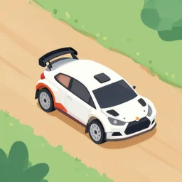 rally car on a dirt road. isometric, simplistic minimal deco art, colorful, soft lighting