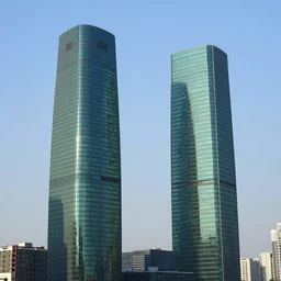green towers highly contrating shadows with super bloomed highlights