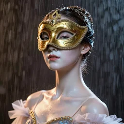 portrait of a ballerina with a beautiful porcelain face dressed in a venecian mask, rain, cinematic light and reflections, beautiful dreamy lighting, photographed by annie leibovitz, zbrush,