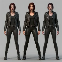 a woman in a leather jacket posing for a picture, concept art by senior character artist, cgsociety, shock art, androgynous, daz3d, full body