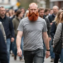 a 7 foot tall, ginger, husky bodied, full bearded, balding middle aged man walking among the crowd