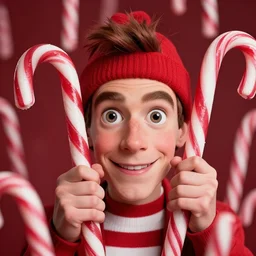 portrait of Waldo character from Where's Waldo, hidding by candy canes, max accurate advanced digital art, HD, 8k
