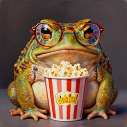 hyper realistic oil painting of a fat toad wearing anachrome! glasses, popcorn pot, vibrant colors, high contrast, by greg rutkowski and denis villeneuve, trending on artstation