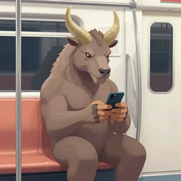 the minotaur, riding on a subway, staring at his cell phone