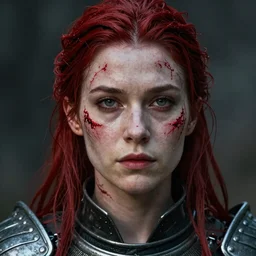 hyper - realistic photo portrait of an english woman warrior of the future, face in red paint, face in scars, cinematic,