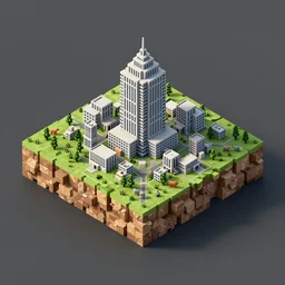isometric square 3d Render of voxel island with big building on the center, island is on the center of an image, on the island there is city with animals, no background, medium poly, vray render 4k