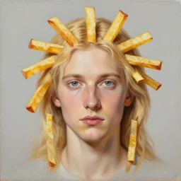 a painting of god with blond hair that has multiple french fry shaped dreads sticking to all sides