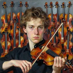 portrait of a young violinist focusing by vincent lefevre herman bas and james jean and pat steir and hilma af klint, psychological, symmetrical face, background with hundreds of violins by andreas gursky, rendered in octane, altermodern, masterpiece