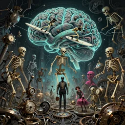 lost in wonderland with skeletons surfing on hypercomplex brainwaves, a grand scale dystopic event of clockwork phantasmagoria by giger and lisa frank and mike deodato