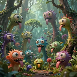 of an intricate hazy jungle with strange colorful friendly funny creatures with huge eyes, long tongue, square teeth and funny face appearing from the bonzai trees, in the style of mike winkelmann, macro lens, shallow depth of field, highly detailed, digital painting, trending artstation, concept art, illustration, cinematic lighting, vibrant colors, photorealism, epic, octane render