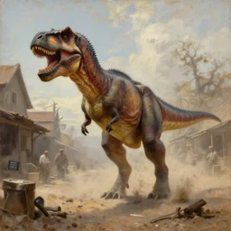 oil painting of tyrannosaurus rex in dusty wild west street, art by anders zorn, wonderful masterpiece by greg rutkowski, beautiful cinematic light, american romanticism by greg manchess, jessica rossier