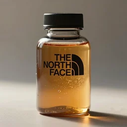 concept art of a north face brand dietary supplement in a transparent modern rounded bottle filled with gold brown iridescent liquid, black top, it is written tmic instead of the north face, by greg rutkowski, white tones, white background, digital painting, artstation, concept art, smooth, sharp foccus ilustration hq