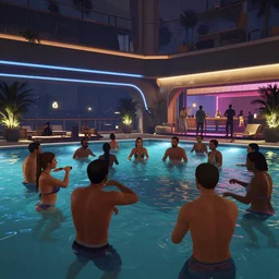 A party full of people in a modern indoors pool with cyberpunk illumination at night . GTA V In game render 4k.