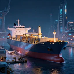 photo of immense gigantic industrial futuristic cargo ship arrives at futuristic city sea port, dark cinematic lighting, vibrant colour scheme