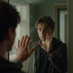 Man sticking his hand through mirror that’s a portal to another world, award winning movie still, 35 mm, cinematic