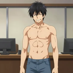 aloof anime man with black emo hair wearing jean shorts, standing in headmistress's office, smug grin, smug expression, punchable expression, punchable face, sharp details, subsurface scattering, intricate details, art by artgerm, anime, anime hd wallpaper, 2 0 1 9 anime screenshot
