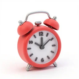 Very tiny red alarm clock, 3D clay render, 4k UHD, white background, isometric top down left view, diffuse lighting, zoomed out very far.
