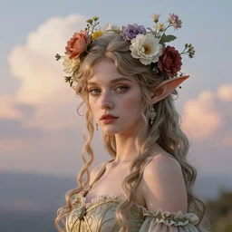 burlesque elf, flowers in hair, fantasy character portrait, soft clouds, floral sunset, ultra realistic, concept art, intricate details, art nouveau, cinematic, highly detailed