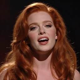 movie scene portrait closeup, red hair, real life jessica rabbit lindsey pelas denise milani singing beautifully on stage, stage lighting by emmanuel lubezki