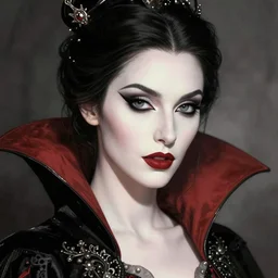 enchanting vampire countess, closeup portrait, intricate artwork by richey beckett, josan gonzalez, tom bagshaw, edmund leighton, alphonse mucha, geof darrow, very coherent artwork, tarot card, gothic, vibrant, watercolor, 8 k, high contrast, black ink outline