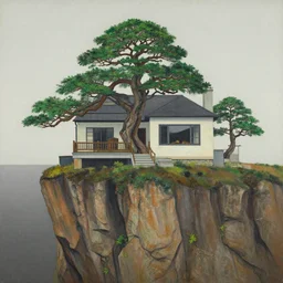 house on a cliff, bonsai tree, by ernie barnes