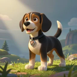 illustration of a black and brown beagle, in the style of paw patrol