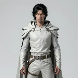 Photo of the character with pale ash-colored skin, yellow cat-eye, black thick hair with a touch of gray to the shoulders, with neat stubble, similar to a small beard and with a strong build. He wore a plain old shirt, with a light leather armor over it, and leather pants with a belt, and a floor-length hooded cloak over his back, beautiful light, cinematic, sharp focus, digital art, full body, elegant, highly detailed, 8k, photorealism