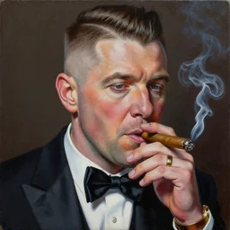 a close - up canvas painting of a realistic gangster irish man with a fade haircut, lighting a cigar, wearing a suit, bowtie, and ring, highly detailed
