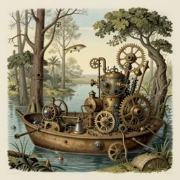 swamp with a lot of steampunk mechanisms inside zoological scientific illustration, made by Ernst Haeckel