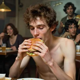 portrait of a skinny man eating a burger, nicoletta ceccoli, mark ryden, lostfish, hyung tae, frank frazetta, depth of field, detailed and intricate environment, 8 k resolution, hyperrealistic, octane render